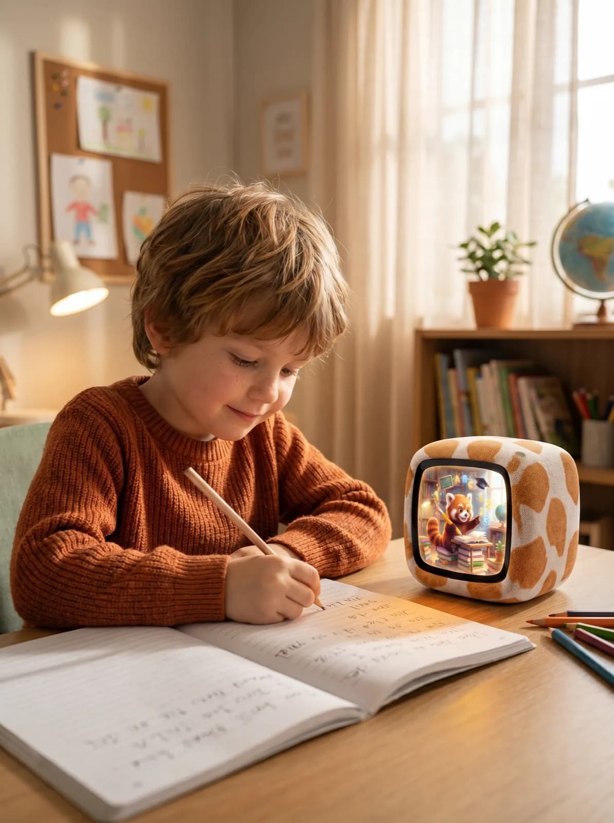 Child in a rust cardigan at a wooden desk with a giraffe-pattern Sparky cube showing Ember at a tiny desk with ABC/123