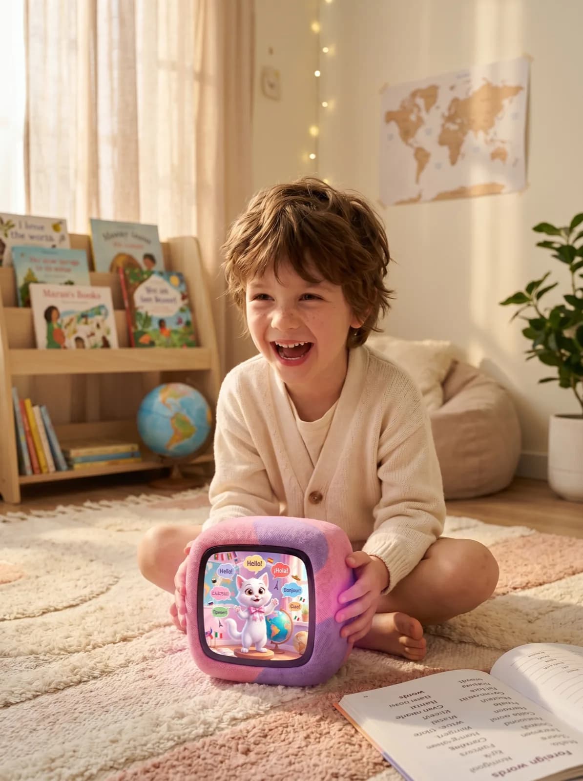 Boy in a cream cardigan holding the pink-purple Sparky cube, Luna the white kitten with multilingual speech bubbles