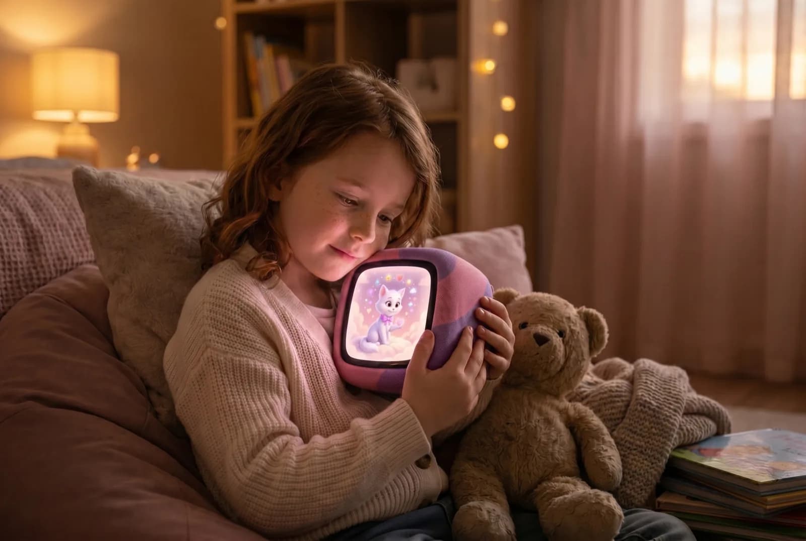Girl in a cream knit cardigan cradling the pink-purple Sparky cube, Luna on a pastel cloud holding a small glowing heart