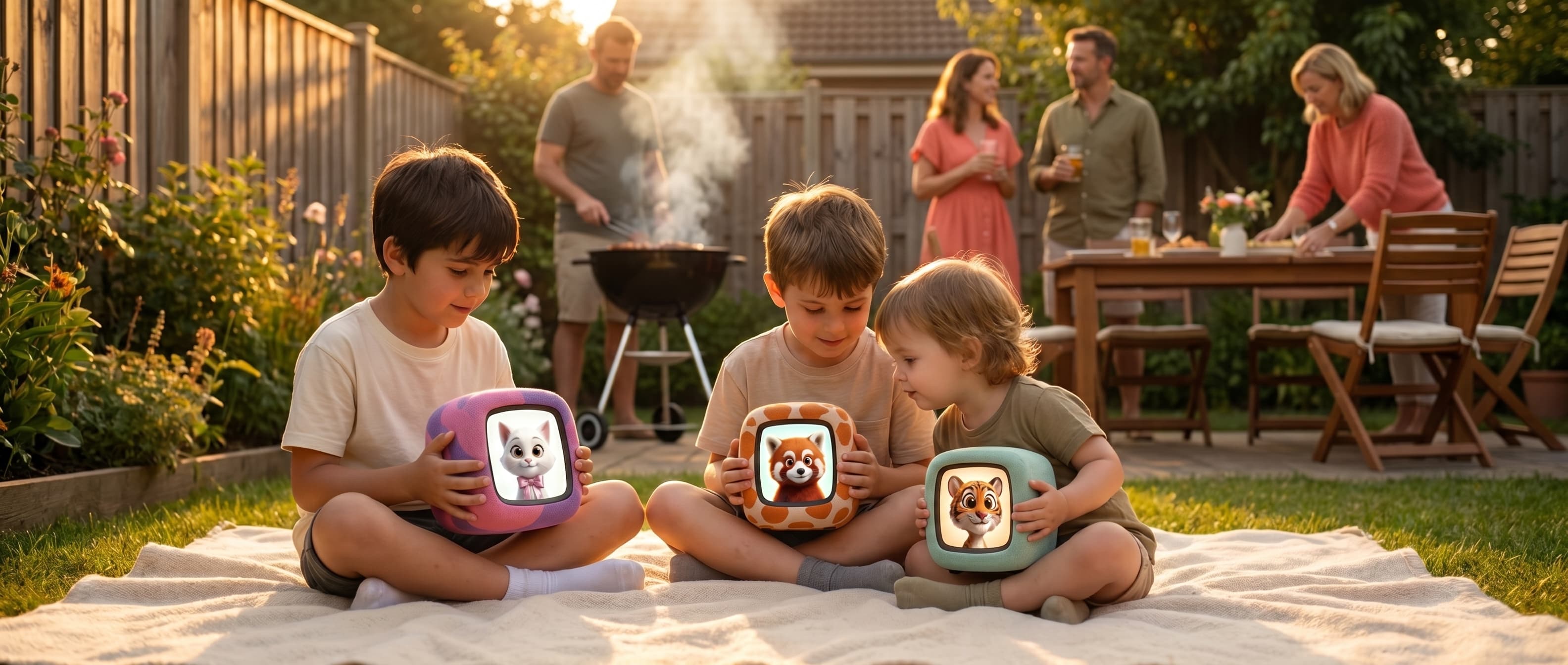 Families on a backyard at sunset, three children holding real Sparky devices with animated characters on glowing screens